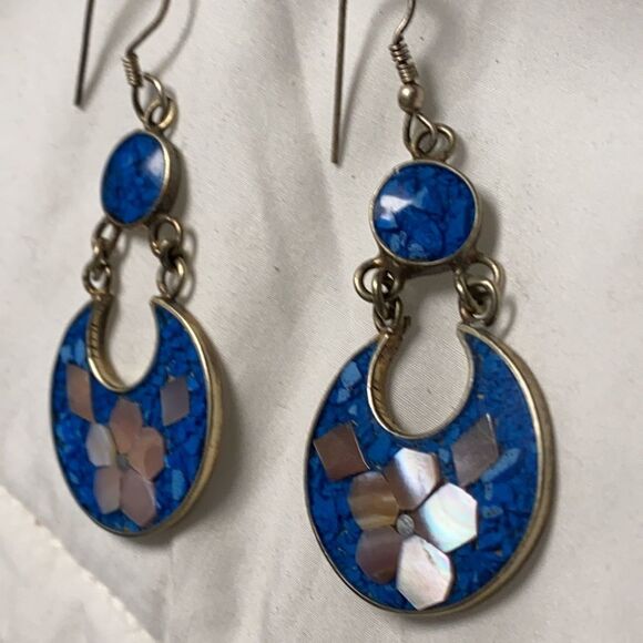 Genuine Lapis & mother of  Signed Alpoco Mexico Silver Mosaic  Flower Earrings - Picture 4 of 11
